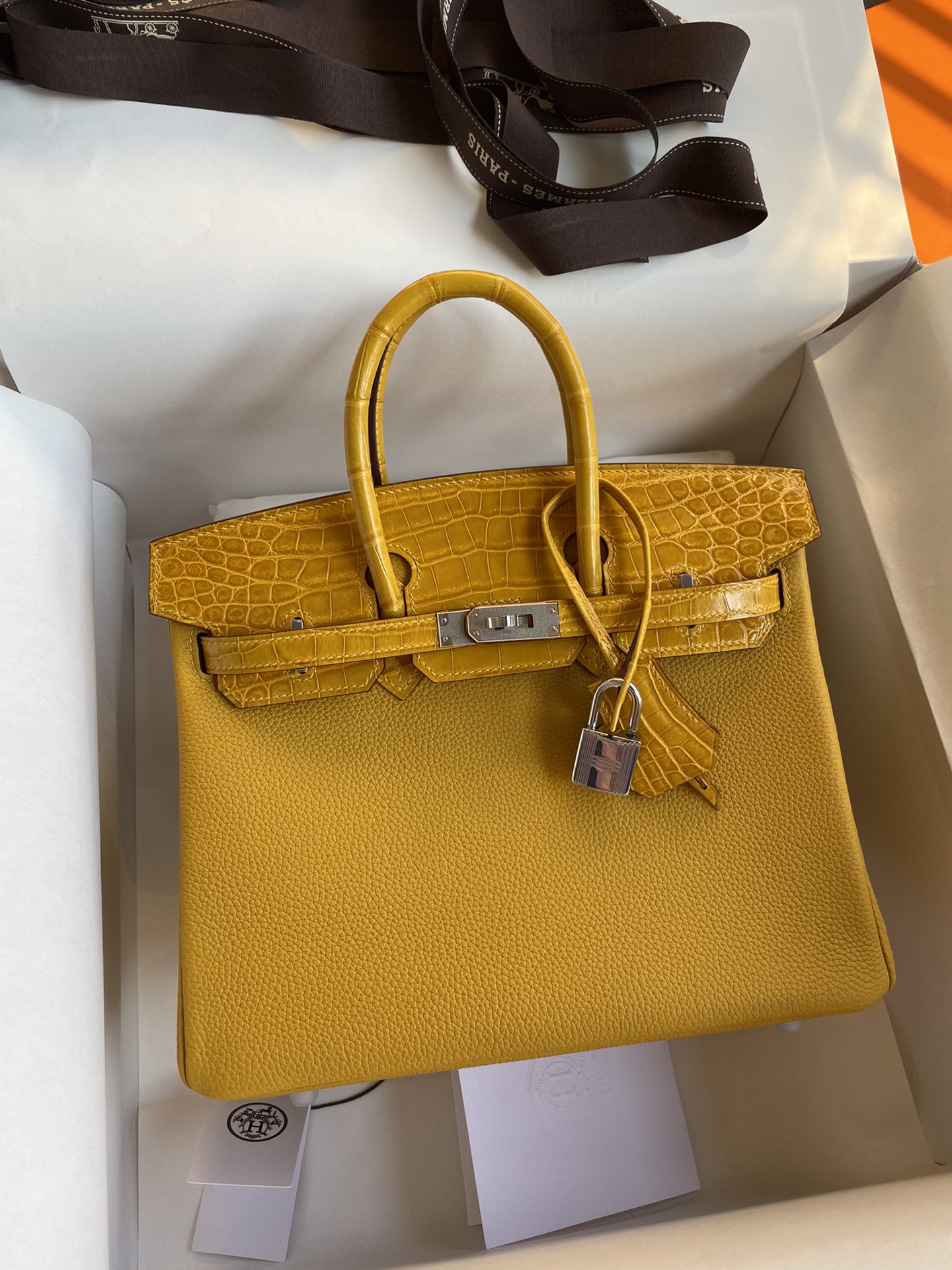 Hermes Touch Birkin 25CM Bag In Abricot Togo and Shiny Niloticus Crocodile Skin